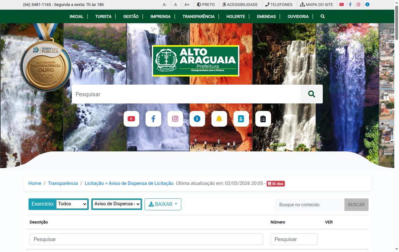 Screenshot de LICITAÇÕES -> AVISO DE DISPENSA DE LICITAÇÃO