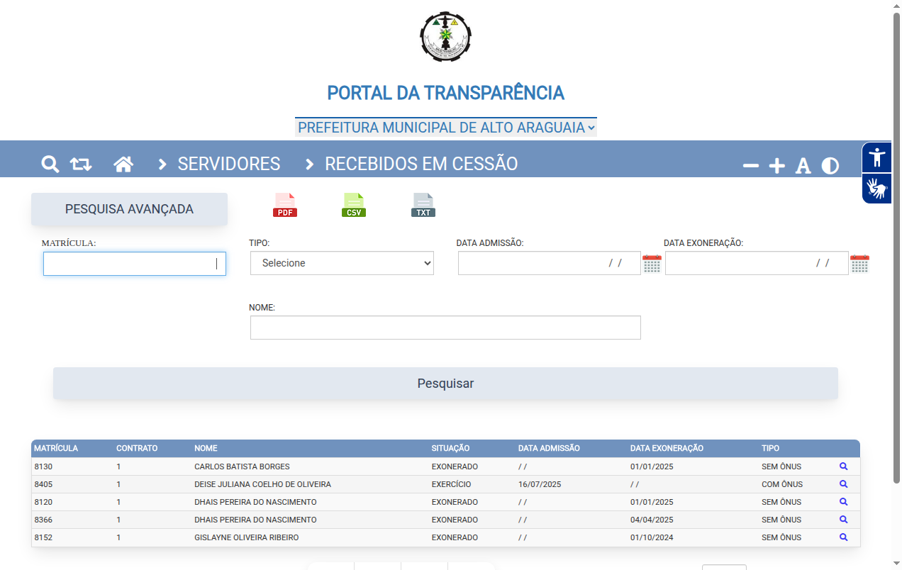 Screenshot de Recebidos em Cessão