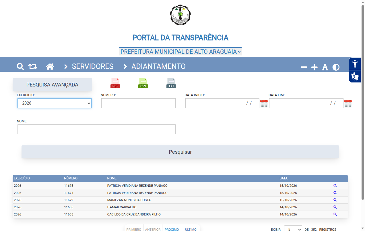 Screenshot de Adiantamento