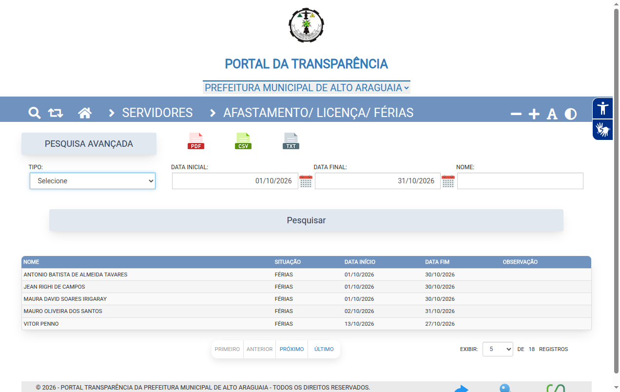 Screenshot de AFASTAMENTO/ LICENÇA/ FÉRIAS