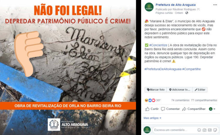 Em publicação humorada, prefeitura de Alto Araguaia conscientiza sobre ato de depredação ao patrimônio público