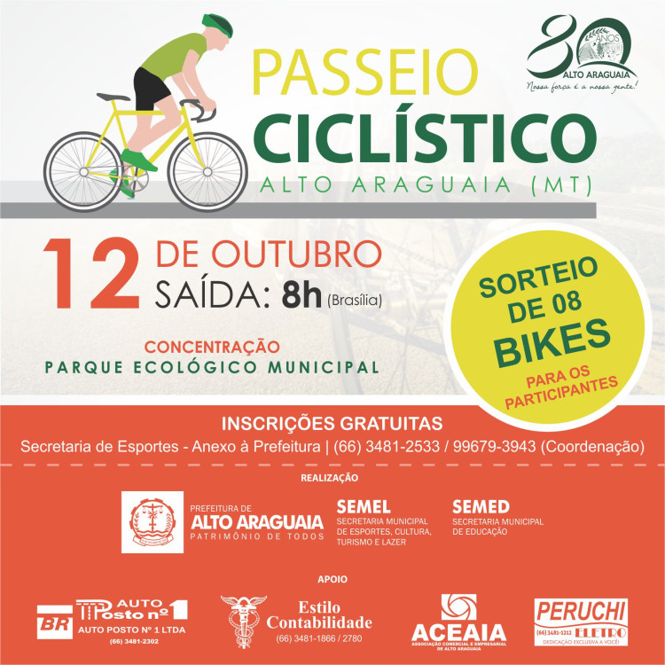Passeio ciclístico em Alto Araguaia acontece nesta sexta-feira, Dia das Crianças, com sorteio de oito bicicletas