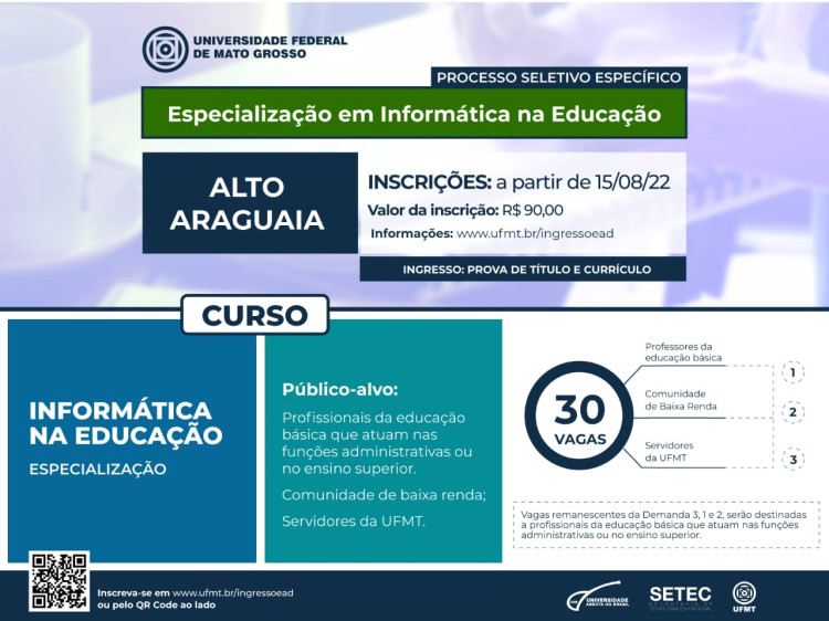 UAB Alto Araguaia abre inscrições para especialização em informática na educação