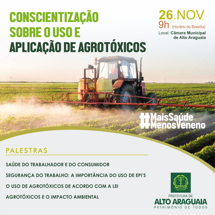 Conscientização sobre uso e aplicação de agrotóxicos será discutido em palestra em Alto Araguaia
