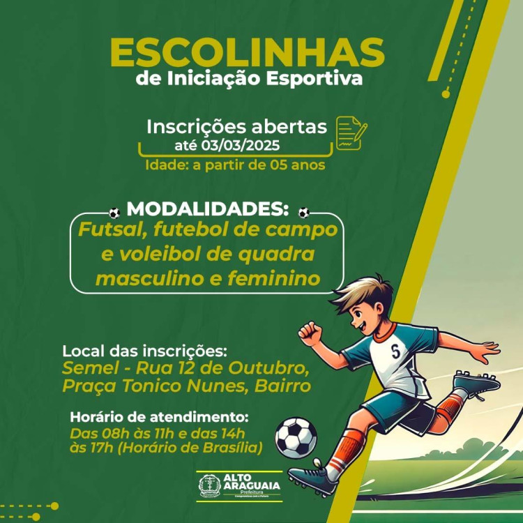 Escolinhas de iniciação esportiva estão com inscrições abertas em Alto Araguaia