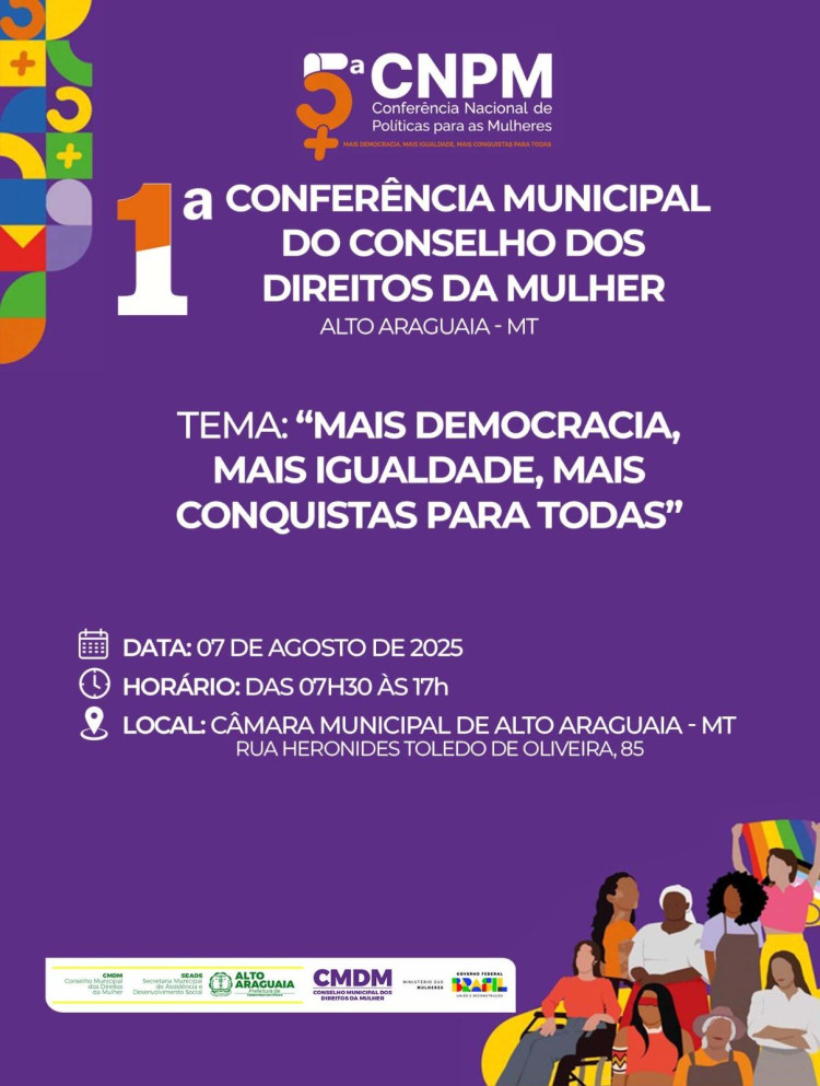 Alto Araguaia realiza 1ª Conferência Municipal do Conselho dos Direitos da Mulher nesta quinta-feira